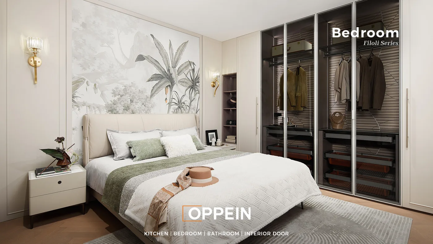 Glass-front fitted wardrobe Dubai bedroom OPPEIN